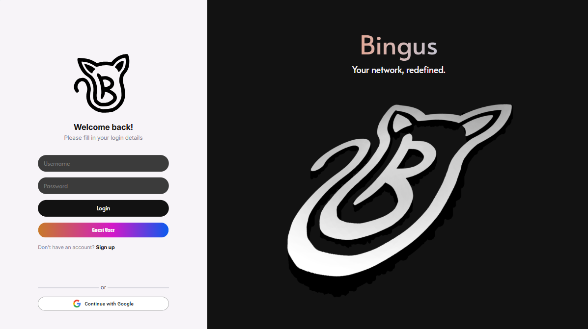Bingus login screen with brand mark