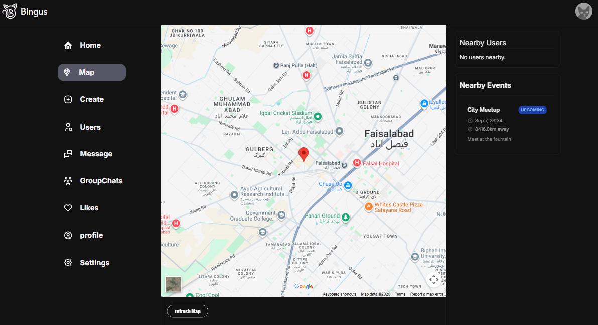 Bingus map view showing nearby users and events