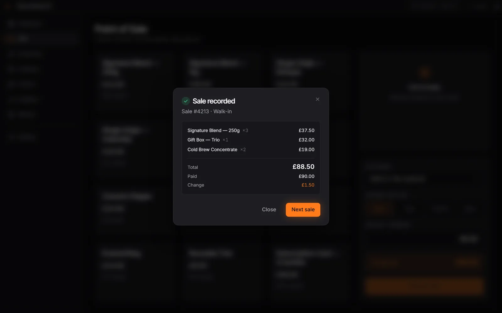 Sale recorded confirmation showing line items, total, amount paid and change due